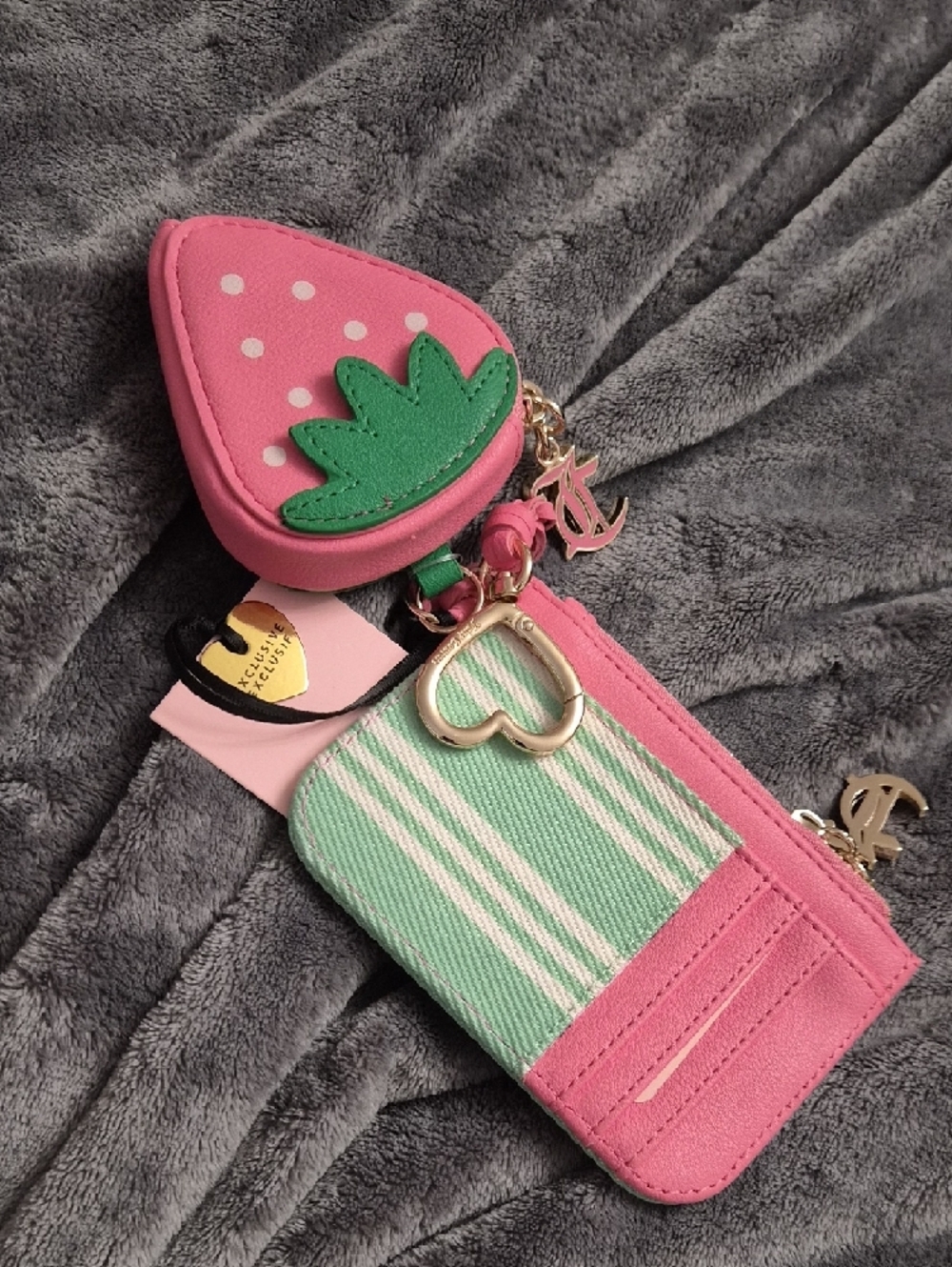 Juicy Couture Pink & Mint Stripe Coin Pouch with Strawberry Charm - Picture 2 of 3
